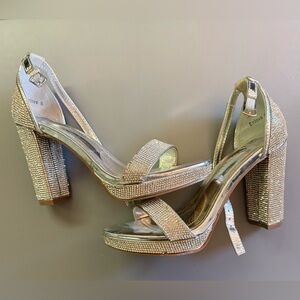 Love Gold Rhinestone Platform Block Heel Sandals